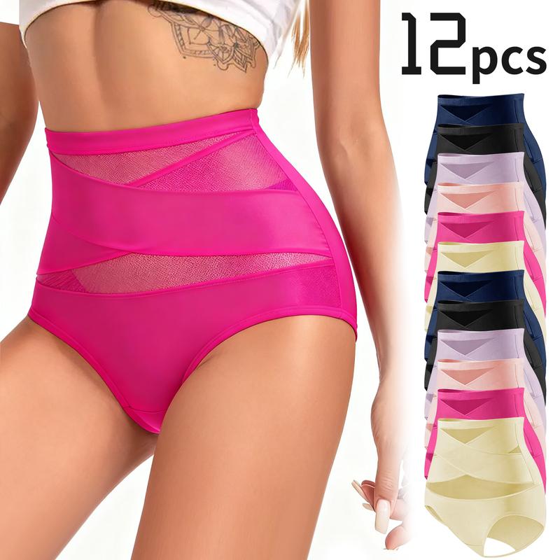 6/12Pcs Women Panties Mid Waist Cross Mesh Splicing Super Soft Stretch Butt Lift Seamless Basic Simple Style Tummy Control Skin-friendly Briefs lenceria  invisible