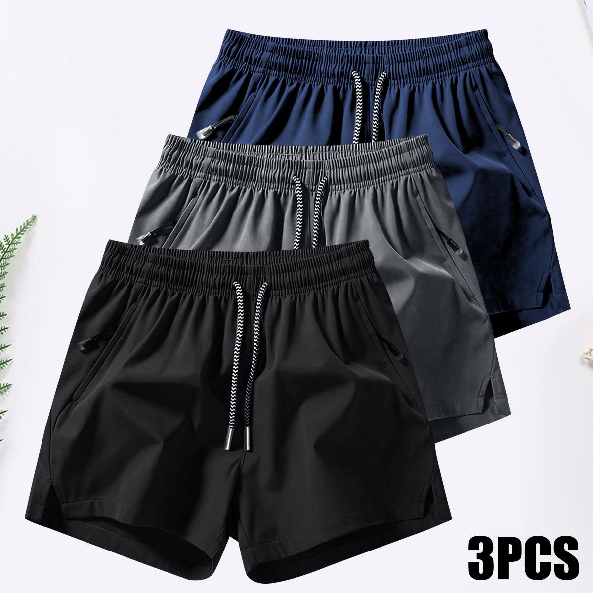 Men's 3PCS Plain Fashion Sports Shorts with Drawstring & Zipper Pockets for Summer Training Daily Wear Lightweight Breathable Workout Pants for Outdoor Activities