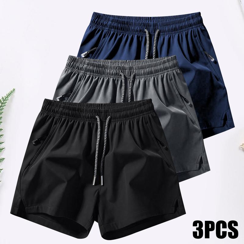 Men's 3PCS Plain Fashion Sports Shorts with Drawstring & Zipper Pockets for Summer Training Daily Wear Lightweight Breathable Workout Pants for Outdoor Activities