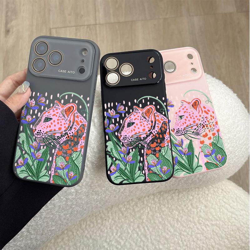 Pink Leopard Art Case for iPhone 17 Pro Max 17Air 17 16E 16 15 14 13 12, Ultra Skin-Friendly TPU, All-Inclusive Glass Lens Protection, Aesthetic Leopard Print Gift, Dopamine Ins Style Solid Color Cover, Shockproof Slim Case, Lens Window Design