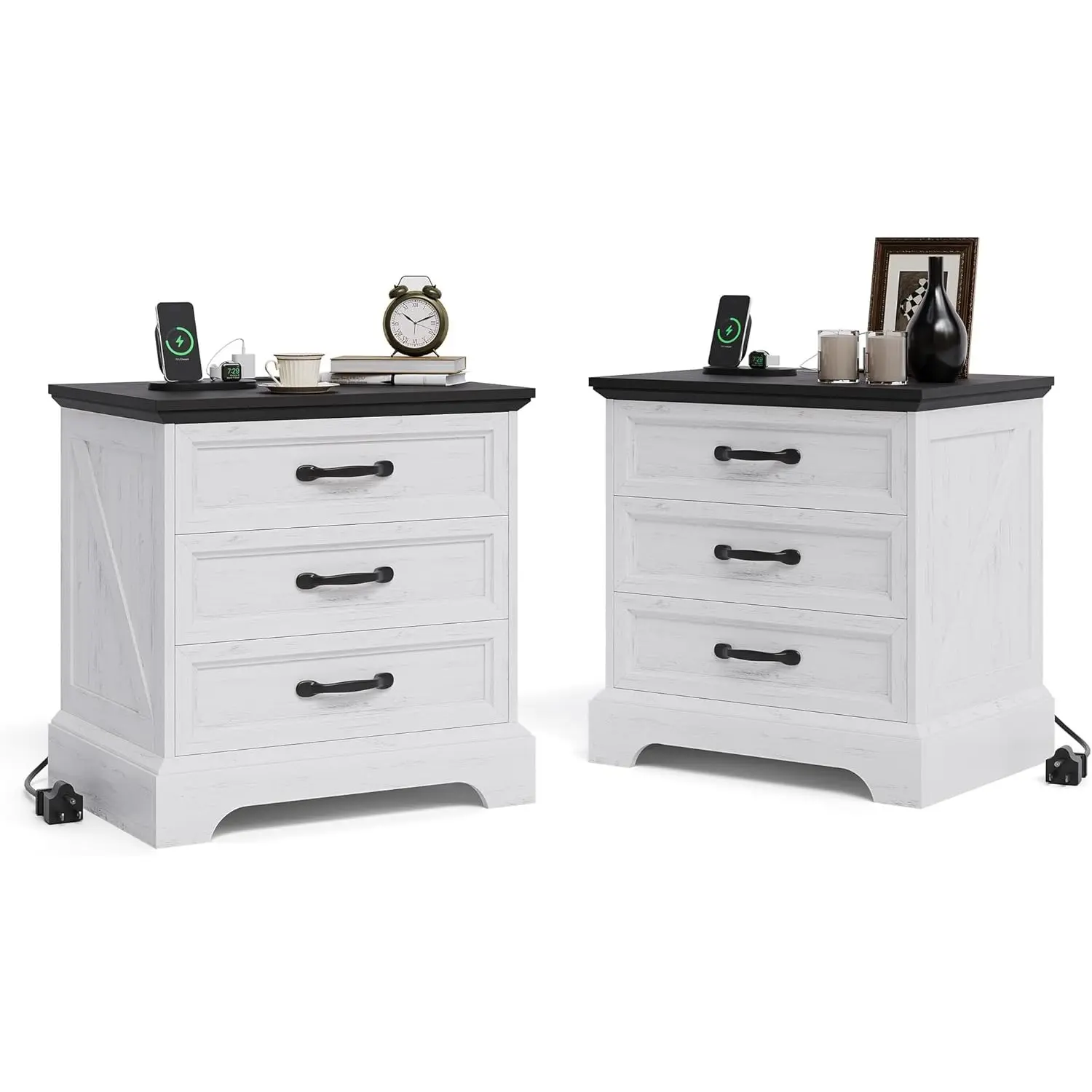 GAOMON Nightstand Sets of 2 (White) - 24.8in Wide Modern Farmhouse Storage Piece with Charging Station, 3 Large Drawers, Farmhouse Rectangular Table, Stylish Bedside Table, Supports Up to 50 lbs for Bedroom