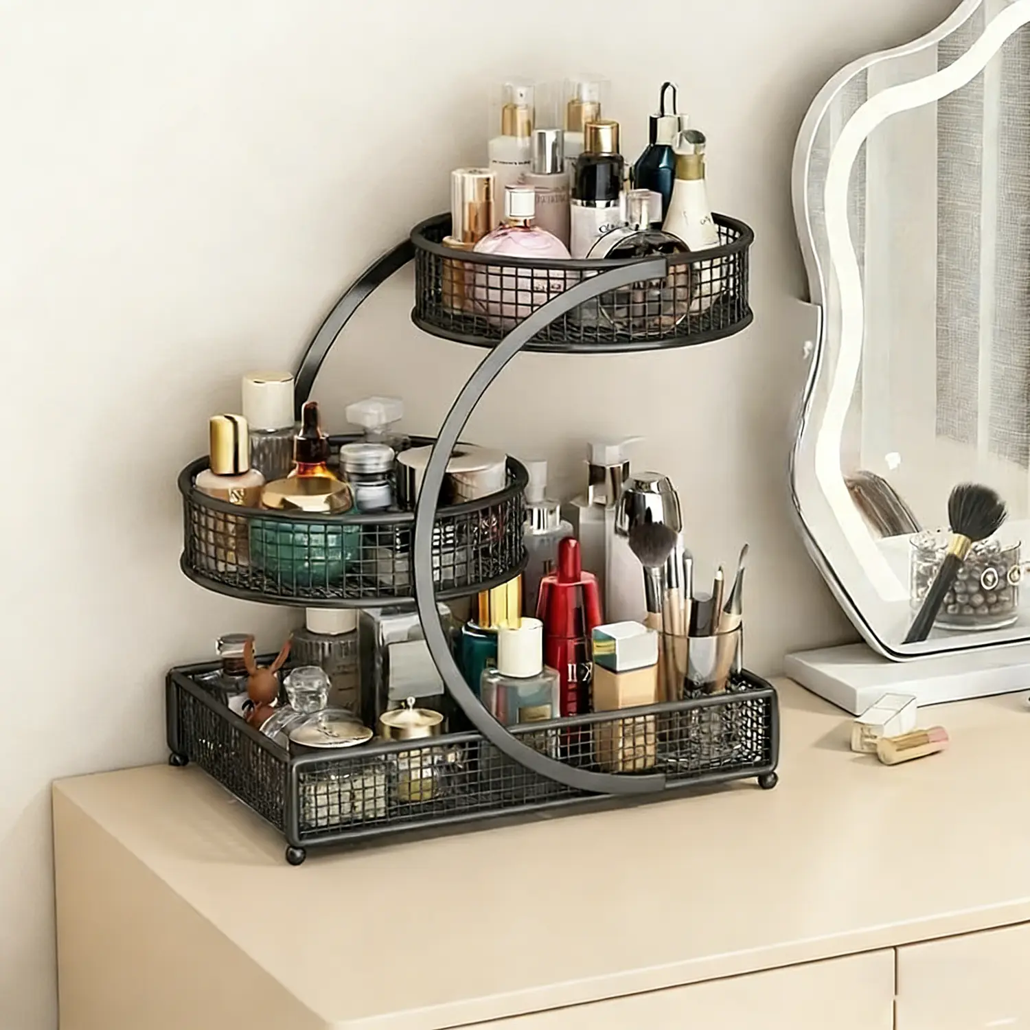 3-Tier Round Metal Beauty Supplies Organizer - No Assembly Required, Polished Finish, Classic 3-Layer Storage Rack for Cosmetic Storage Box, Bathroom Accessories, Home Décor