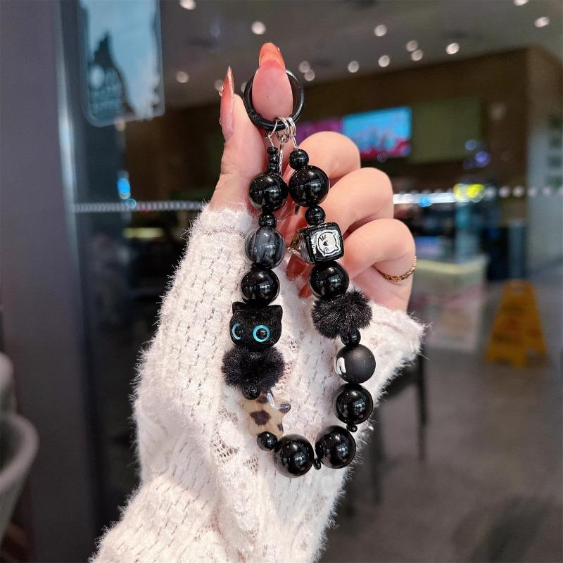 2026 Premium Black Plush Cat Phone Charm Portable Beaded Wristlet Chain For Outings Car Keychain And Bag Accessory With Adorable Cat Design Trendy All-Match Birthday Gift Party