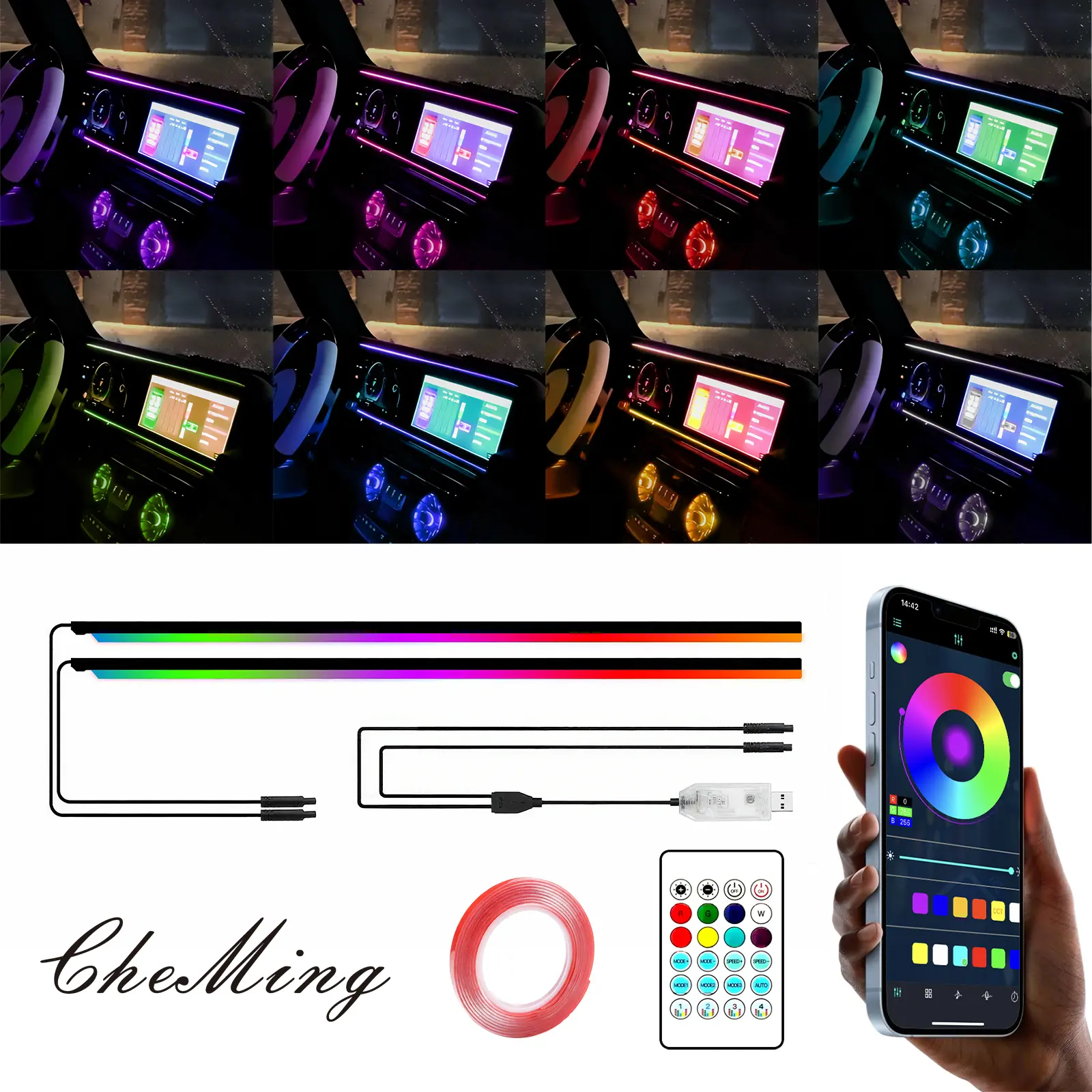 2PCS Car USB Interior Ambient Lights RGB App&Remote Control | 110cm*2 Multicolor Music Sync Car Neon Accent Light Strips Dashboard Lighting Kit with Sound‑Activated Function, Car Interior Accessories, Accessories For Car, Center Console