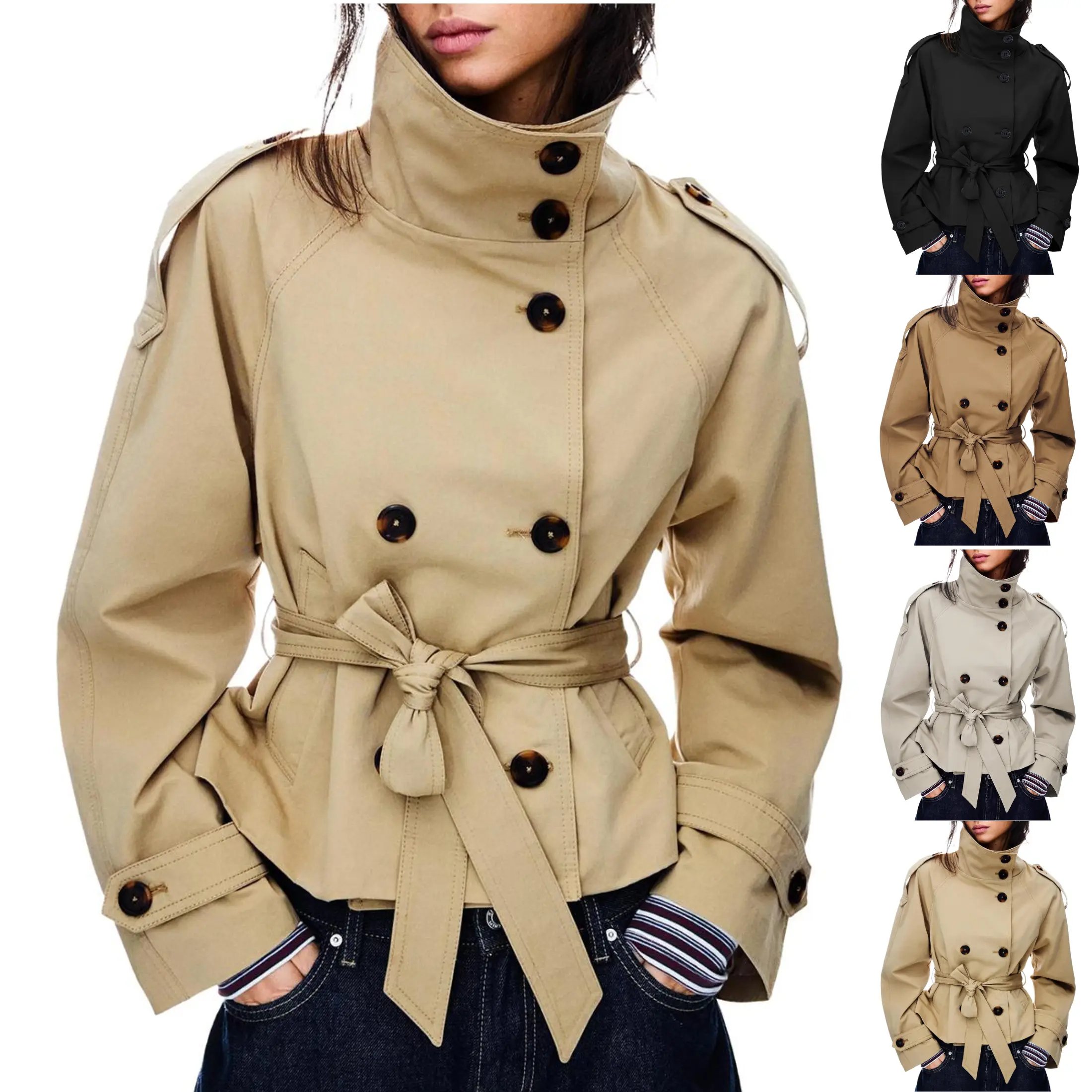 JovenPara Women's Cropped Trench Coat Double Breasted Short Jacket High Collar Fall Winter Coats Trendy Outfit with Belt,back to school,back to school shopping,clothes for back to school,first day of school outfits
