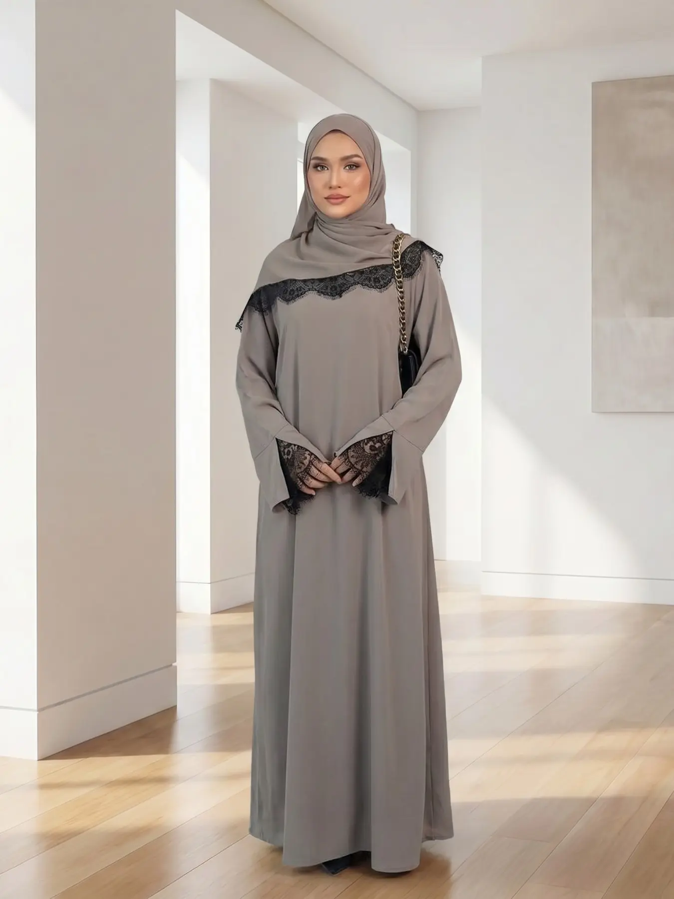 Muslim Women's Long Sleeve Lace Patchwork Plus Size Loose Fit Plain 2-Piece Set Dress with Scarf, Elegant Casual Wear, Comfortable Fabric
