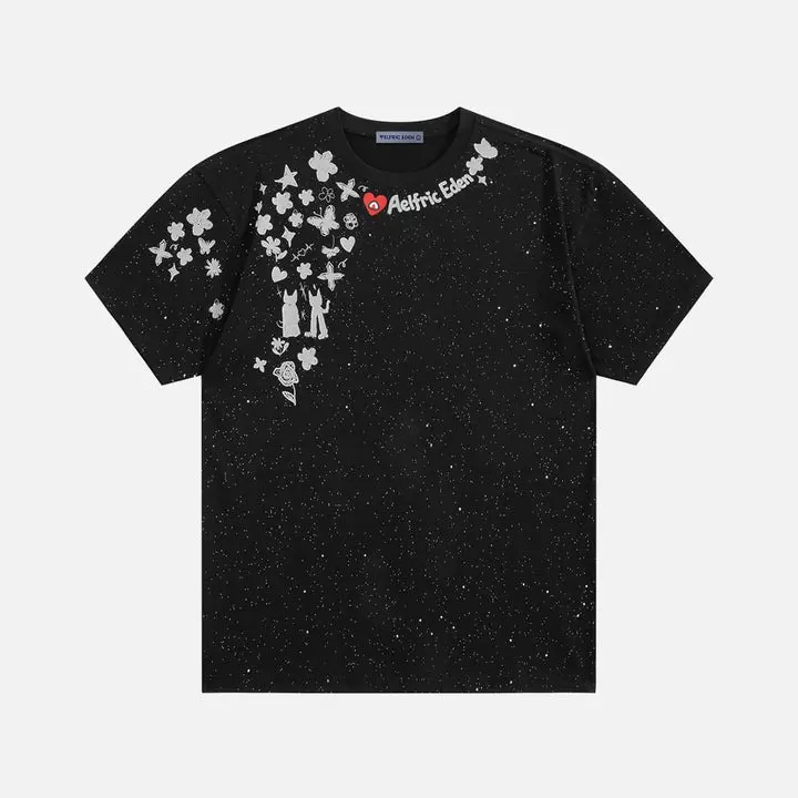 Aelfric Eden Sequin Cartoon Graphic Tee Mid Rise Oversized Dropped Shoulder Fit All-over Sequin Graphic Print Heavyweight Cotton Fabric Y2K Cute Streetwear Unisex Top,clothes for back to school,first day of school outfits
