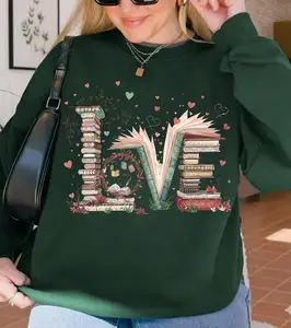 Book Lover Love Shirt, Romantic Stacked Books Love Word with Hearts Flowers, Cozy Reading Aesthetic, Bookworm Gift for Readers