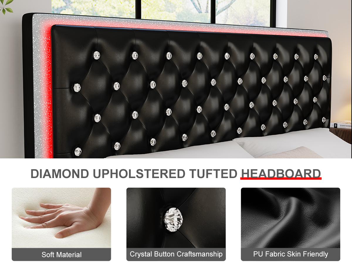 Queen LED Bed Frame with 2 Storage Drawers, Upholstered Platform Bed with Crystal Button Tufted Headboard, Noise-Free, No Box Spring Needed – PU & Velvet, Black/Gray/White/Cream