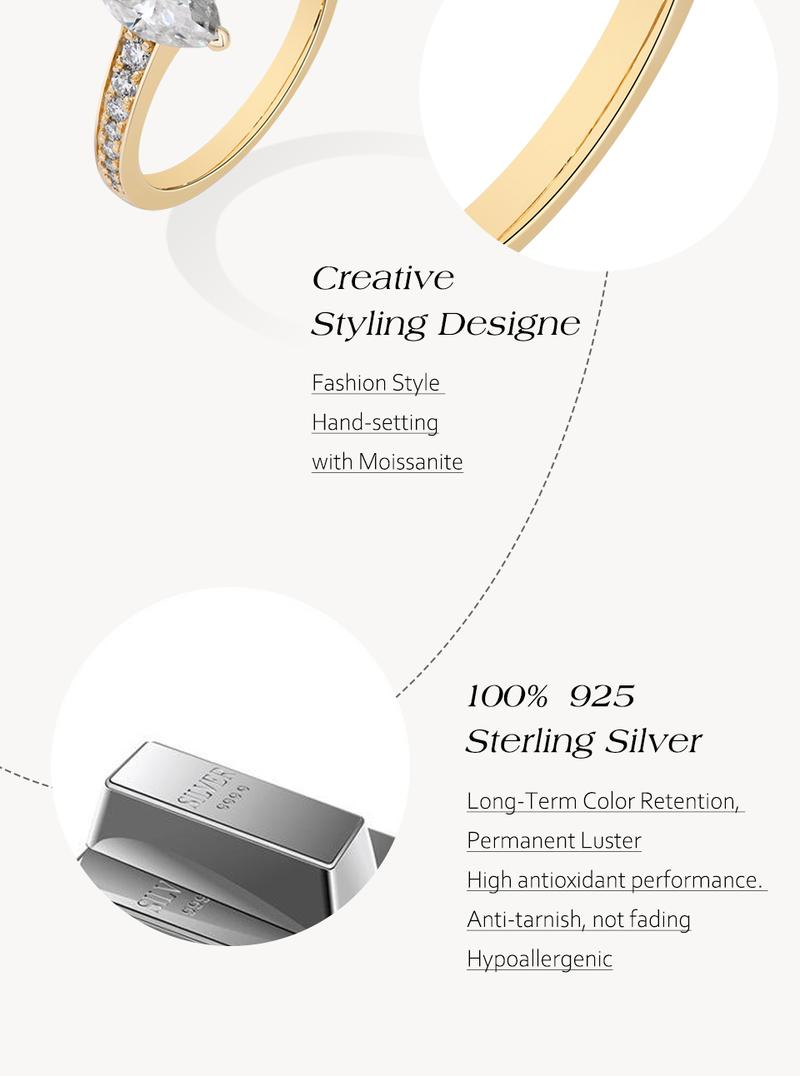 ATTAGEMS D VVS1 Color Marquise Shape 1CT Lab-Created Moissanite Ring for Women Men Unisex 925 Sterling Silver Engagement Wedding Rings Gift Jewelry Casual R291