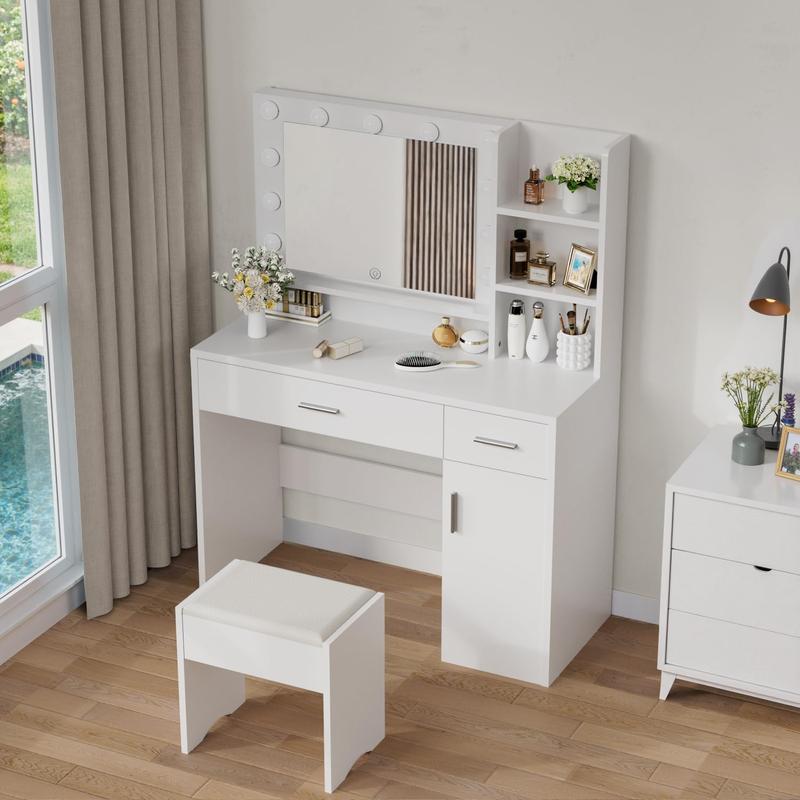 Kullavik Vanity Desk Set with Large Mirror and Storage Stool, Makeup Table with 3 Lighting , 2 Drawers, Cabinet and Open Shelves for Modern Bedroom, White