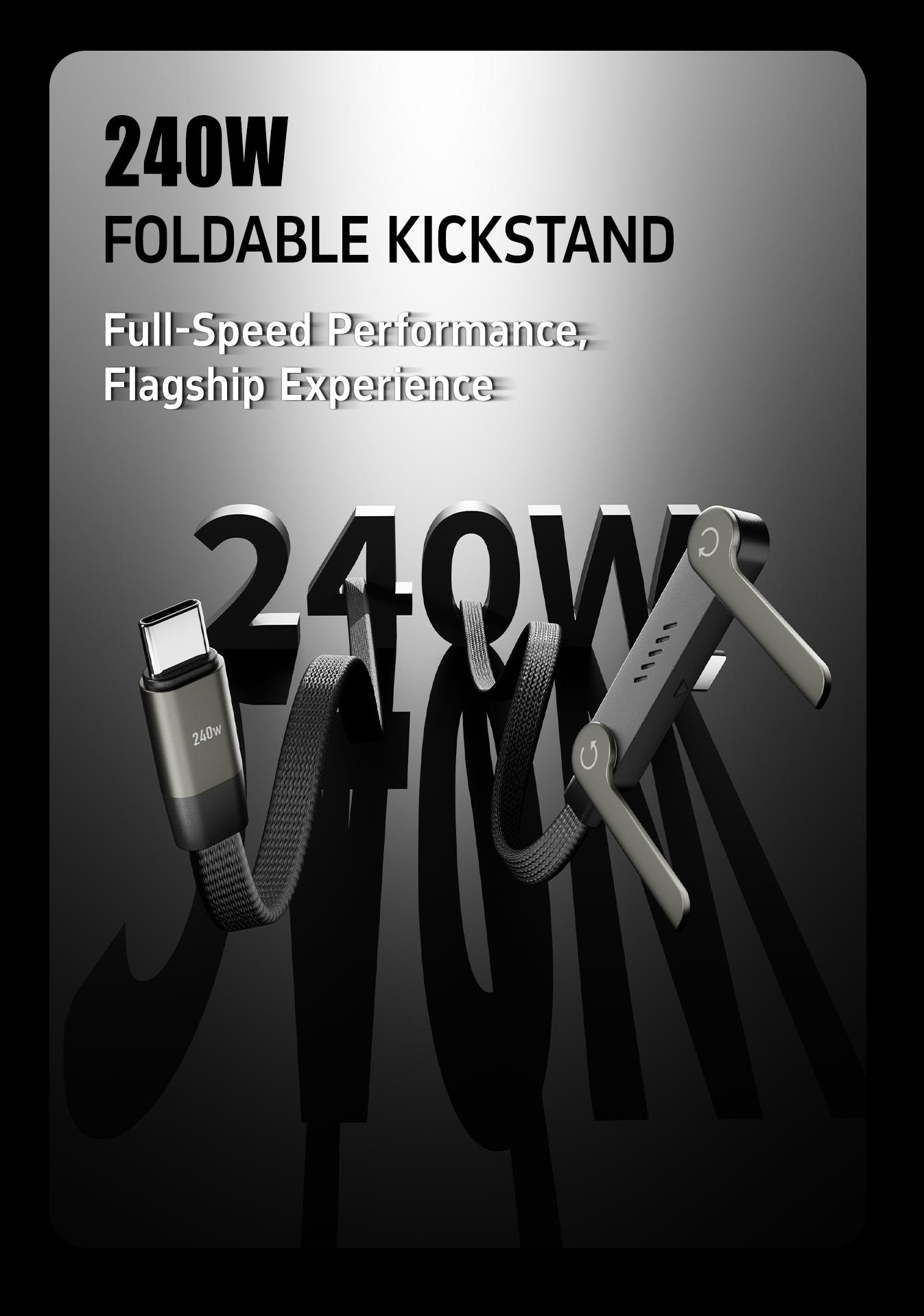 Basemo 240W Super Fast Charging Cable with Stand for iPhone Samsung Type-C Compatible Gaming Office Car Travel Black Cellphone Smartphone Mount Lightning