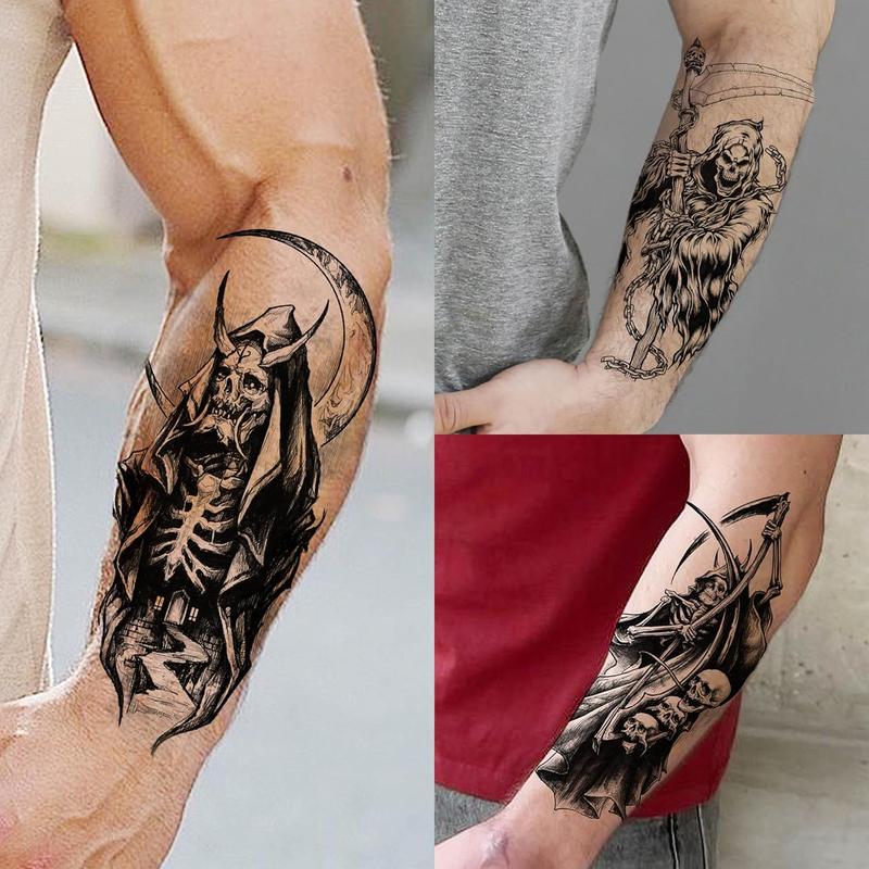 61 Sheets Halloween Temporary Tattoos for Men Women Adults, 12 Sheets Skeleton Death Skull Demon Devil Half Arm Sleeve Fake Tattoo Stickers, 49 Sheets Spider Web Bat Snake Vampire Scar Face Tattoos cohesive tattoos