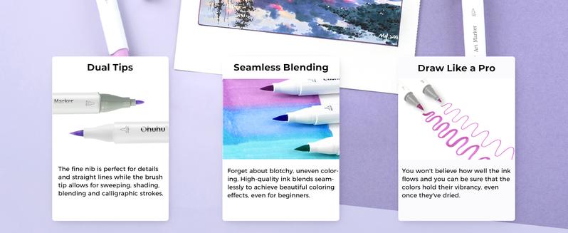 Ohuhu 104-color Alcohol Markers Brush Tip - Double Tipped Alcohol Marker for Artists Adults Coloring - Brush&Chisel/Fine - Refillable Ink - Christmas Gift