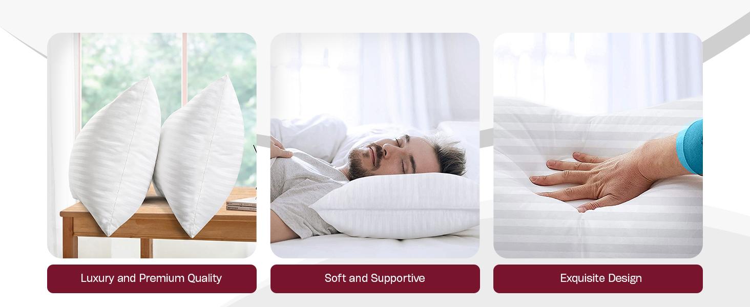 Lux Decor 2Pc Stripe Pillows - White Hotel Luxury Pillows - King & Queen Size- Cotton Pillows For Back, Stomach & Side Sleepers With Envelope Closure