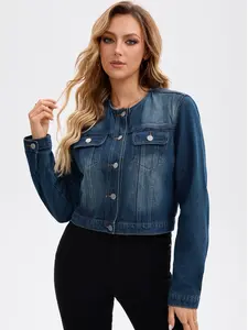 INSPIRE CHIC Women's Denim Jacket Collarless Button Down Western Long Sleeve Jean Vintage Jackets