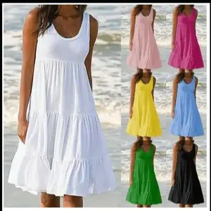 2025    Women'S Clothing Colors Sizes Sleeveless Round Neck Patchwork Large Hem Beach Dress Casual Womenswear Summer Outfits Sundress Milkmaid Dresses Waisttrainers Basic Minimalist White