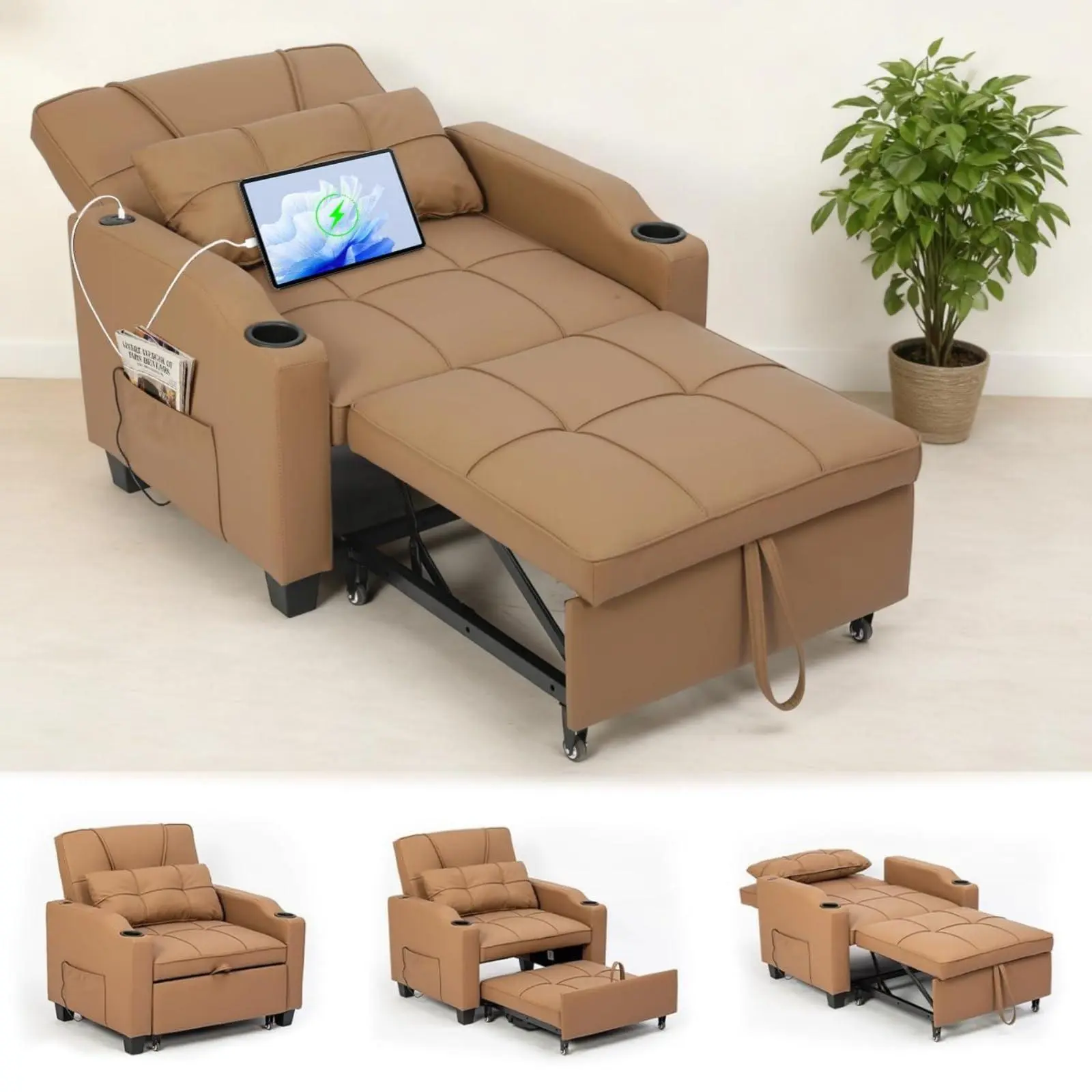 Gaomon 4-in-1 Convertible Compact Single Seat Recliner Sleeper Sofa Bed - 1-Person Pull-Out Sleeping Chair with Stable Vibration Massage Pillow, USB/Type-C Port, Cup Holders, Side Pocket, Ergonomic Design for Small Spaces