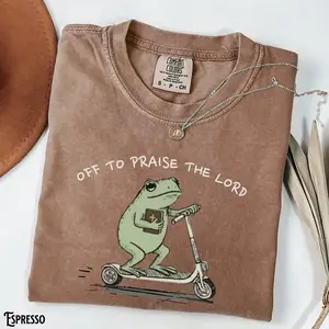 Christian T-Shirt, Unisex Garment-Dyed Tee, Funny Frog Off To Praise The Lord, Bible Study Shirt, Jesus Church Faith Humor
