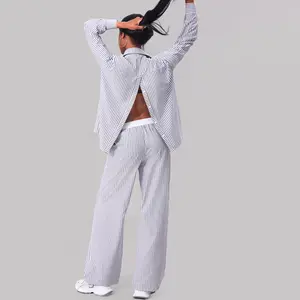 Joyfunear Spring and summer women's fashion casual striped shirt long pants two-piece set