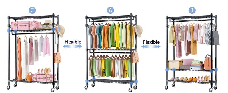 Heavy Duty Clothes Rack on Wheels Metal Garment Rack with Height Adjustable Wire Shelves 80.7"H  Freestanding Wardrobe Laundry Rack with 2 Hanging Rods 2 Side Hooks Clothing Storage for Bedroom, White Outdoorfun
