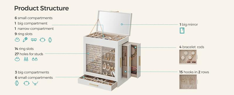 SONGMICS Jewelry Box with Glass Window, 5-Layer Jewelry Organizer with 3 Side Drawers, Jewelry Storage, with Big Mirror, Modern, 6.1 x 10.3 x 12.6 Inches