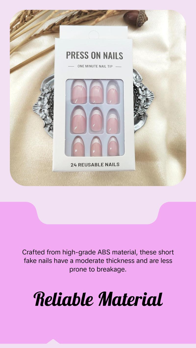White French Tip Press on Nails - Short Oval Fake Nails for Daily Wear - Simple Glue on Light Pink Full Cover False Almond Acrylic Stick on Nails for Women - 24 Pcs