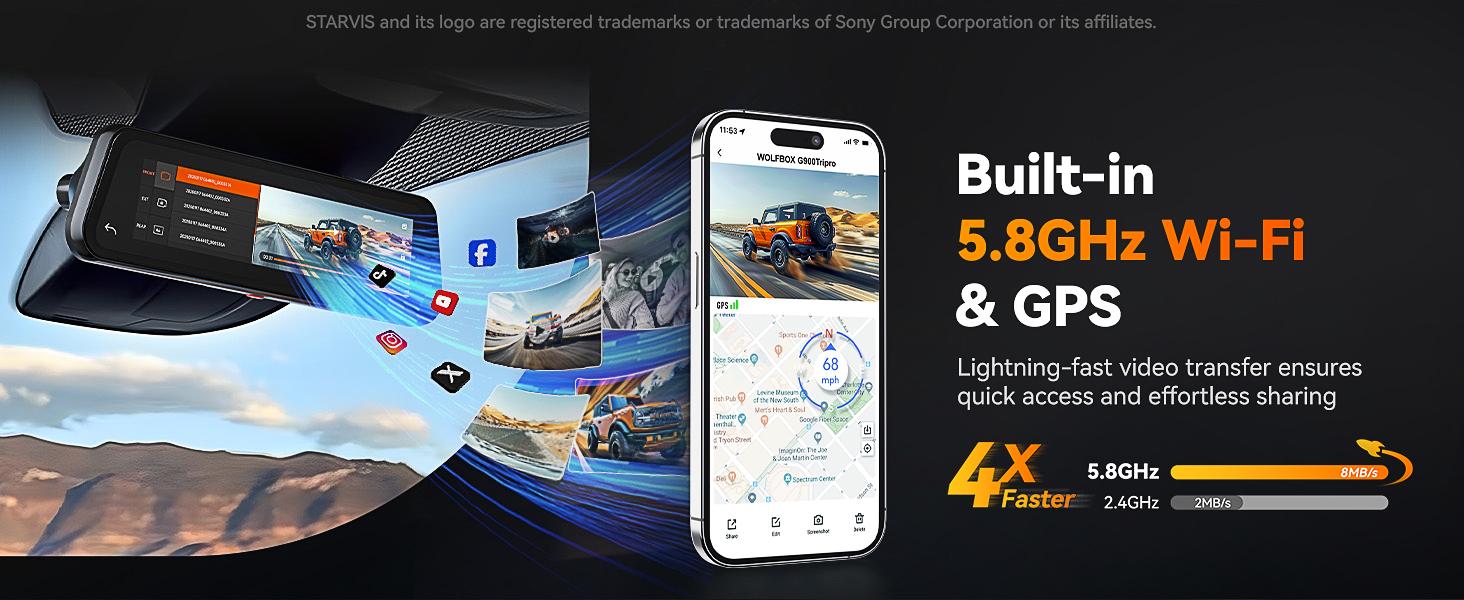WOLFBOX G900 Tripro 4K Rear View Mirror Camera STARVIS 2 IMX678 3 Channel 4K+1080P+2.5K Front Inside Rear Dash Cam 5.8GHz WiFi Voice Control 256GB Card