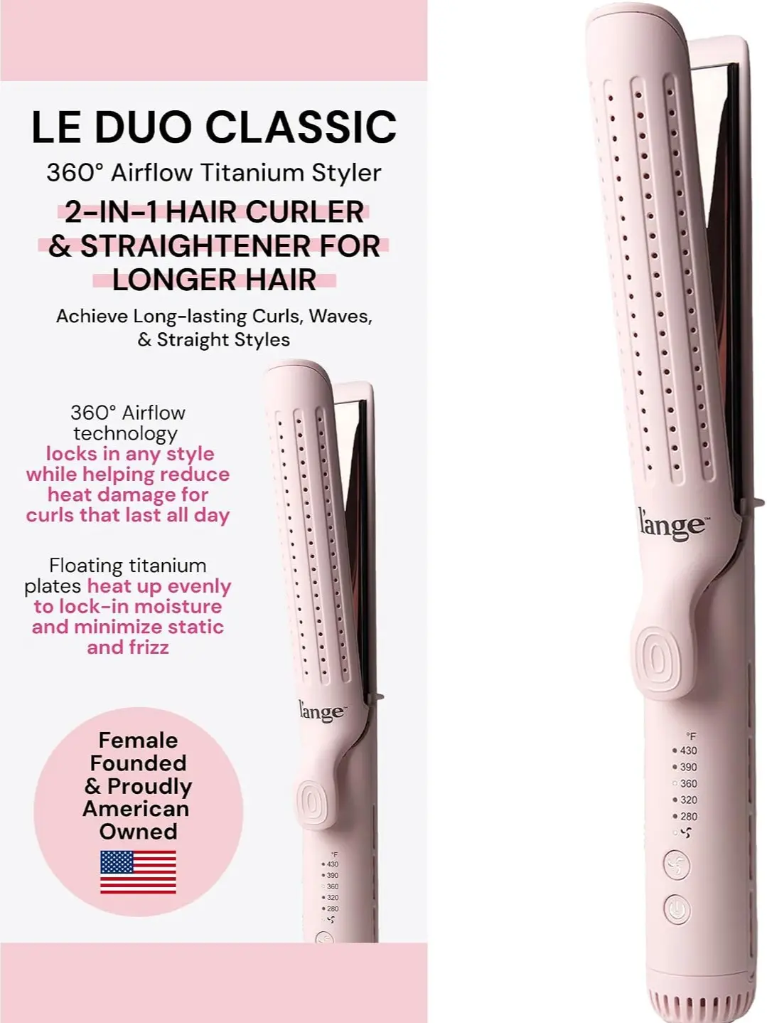 L'ANGE HAIR Le Duo Grande 360° Airflow Styler | Curl & Straighten with One Tool | 5.3" Snag-Free Titanium Plates | Cooling Air Vents to Set Curls | Adjustable Temp & Auto Shut-Off | Blush