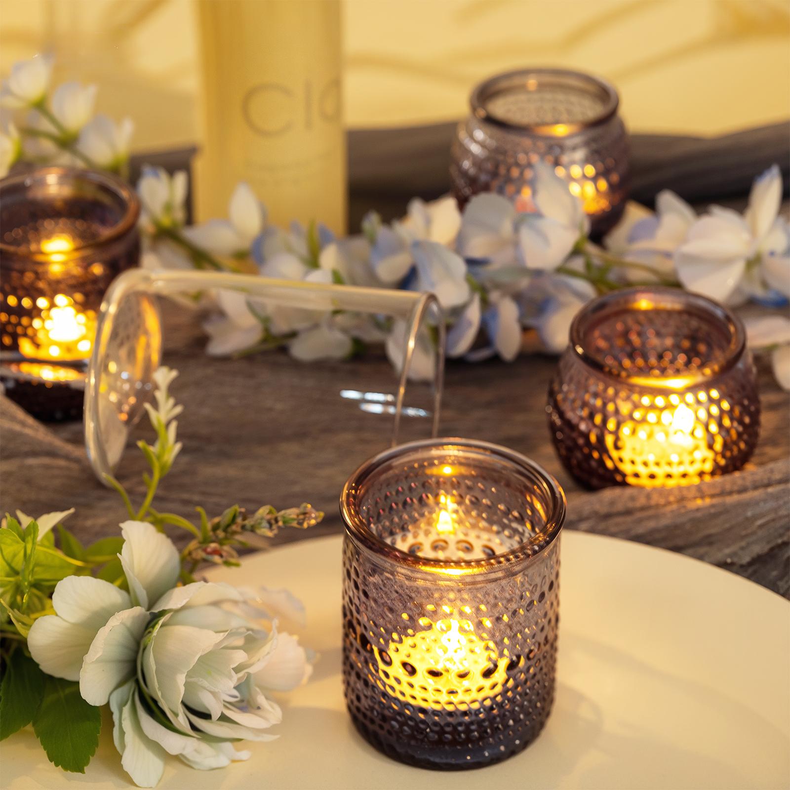 A Set of 24 Clear/ Blue/ Amber/ Green/ Pink/ Gold&Purple Candle Holders of Varying Heights, Perfect for Wedding and Home Dining Table Decorations A Set of 24 Clear/ Blue/ Amber/ Green/ Pink/ Gold&Purple Candle Holders of Varying Heights, Perfect for Wedding and Home Dining Table Decorations