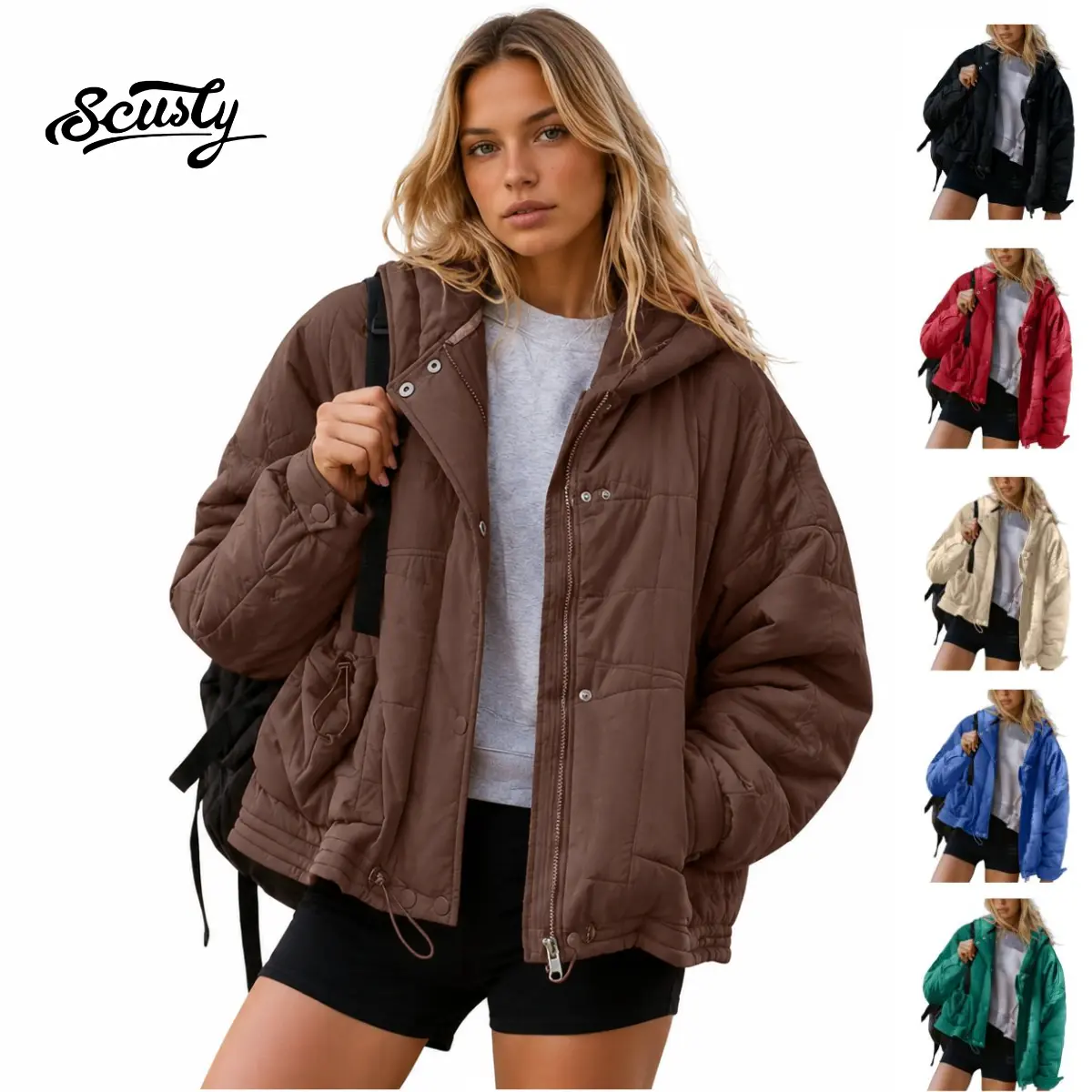 SCUSTY Womens Hooded Puffer Jacket Lightweight Hoodies Quilted Long Sleeve Oversized Warm Winter Coat
