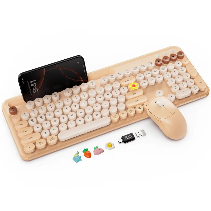 SABLUTE CK13 Colored Retro Round Removable Caps Cute Silent Multifunctional Keyboard & Contoured Mouse Combo - 2.4 GHz Non-Bluetooth, Cool Office Stuff, Phone/Tablet Holder, Back-to-School Gift, Windows Computer Laptop Compatible