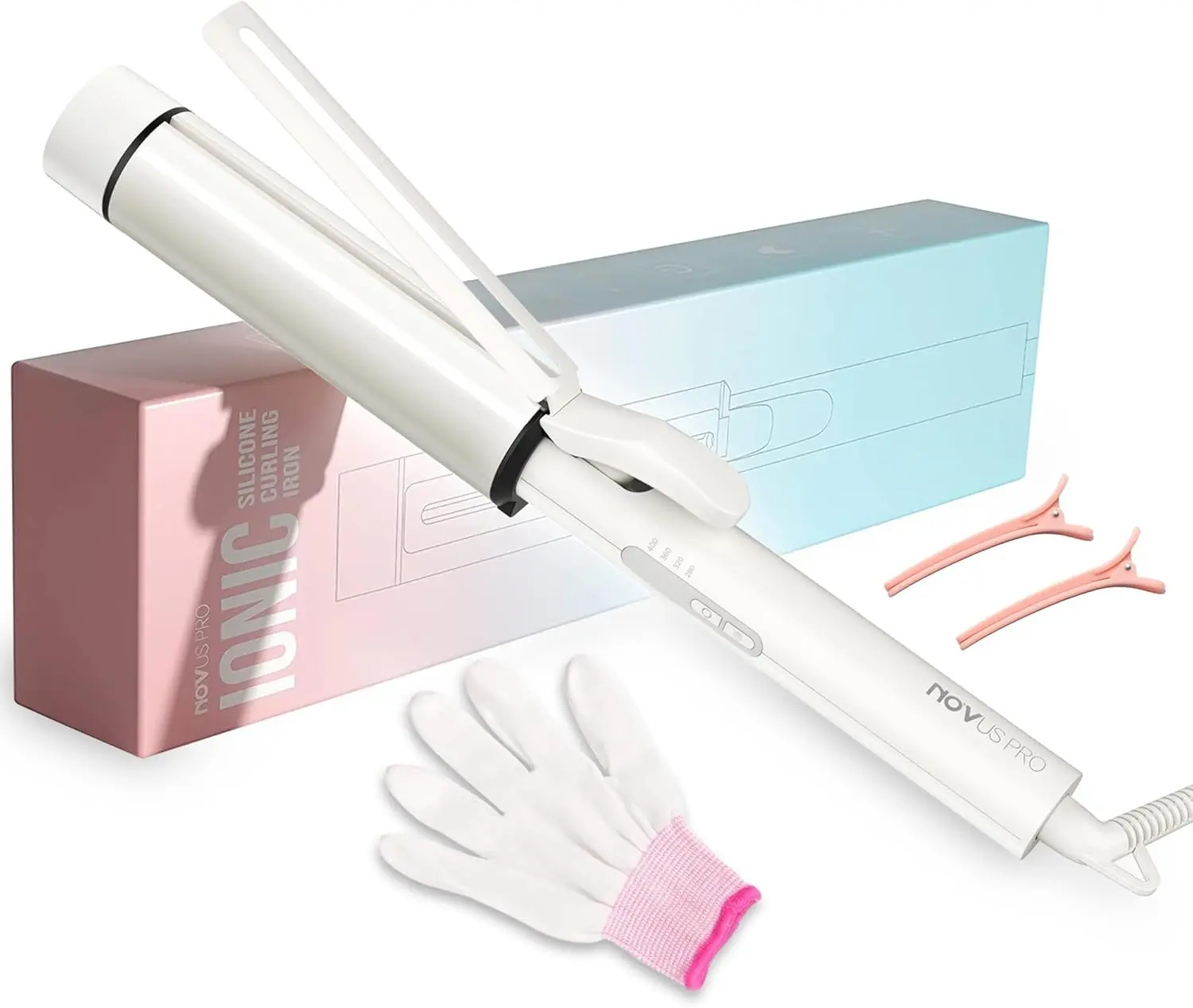 NOVUS Curling Iron 1 1/2 Inch, Ceramic Tourmaline Curling Wand for Long Hair, 40000000 Negative Ions Large Barrel Silicone Adjustable Comfort Curler White