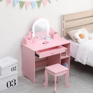 Pink Vanity with Lighted Mirror, 2 in 1 Little Girls Vanity Table & Stool, Kids Makeup with Drawer & Open Shelves