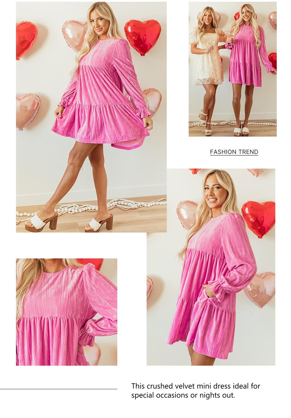 Asvivid Women's Pink Flounce Sleeve Tiered Ruffled Velvet Mini Dress with Pockets Casual Womenswear Everyday Elegant Valentine's Day Dresses