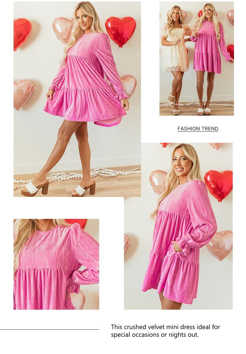 Asvivid Women's Pink Flounce Sleeve Tiered Ruffled Velvet Mini Dress with Pockets Casual Womenswear Everyday Elegant Valentine's Day Dresses