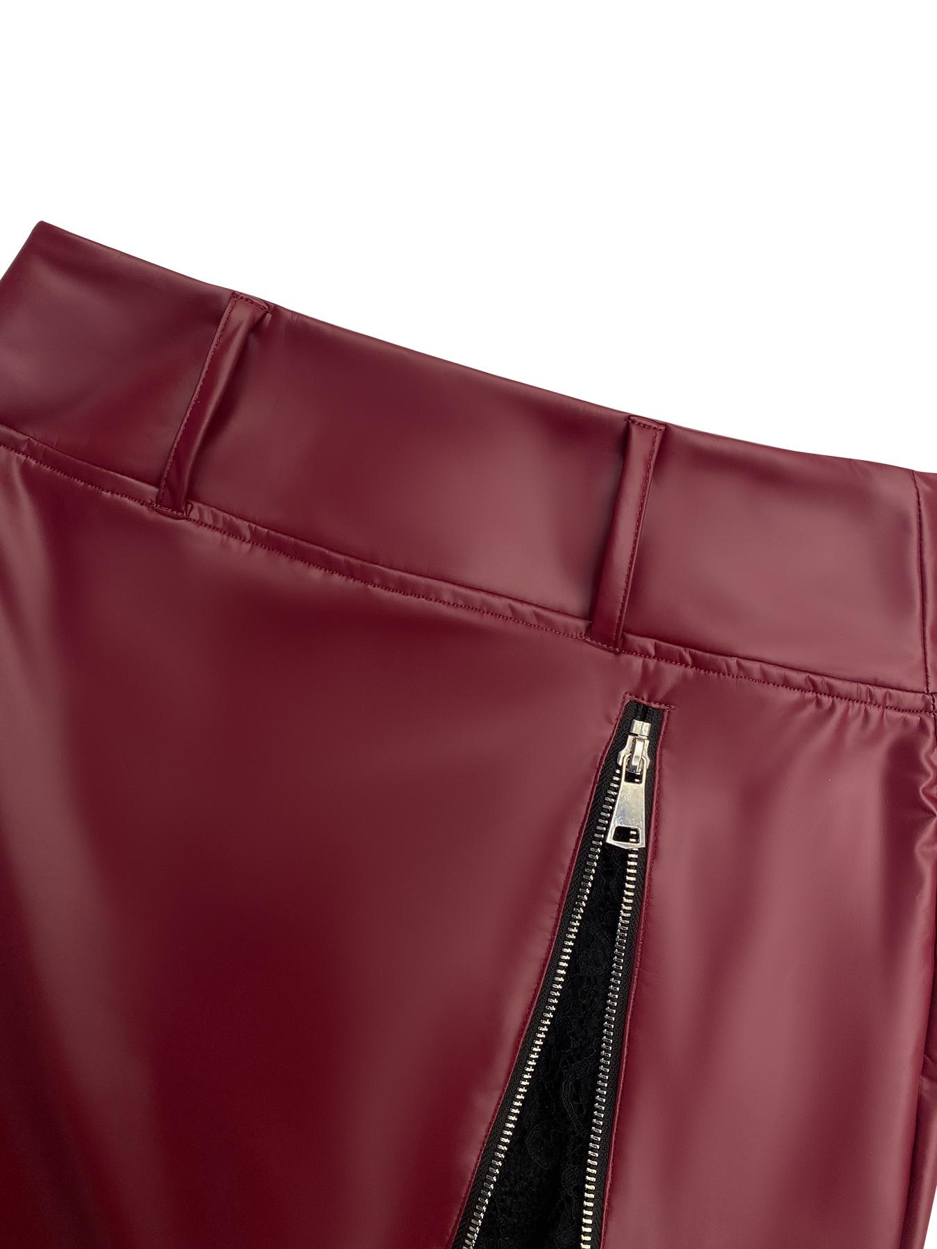 Aswulk Women's Solid Color Lace Patchwork PU Skirt with Zipper and Thin Fleece Inner Lining, Fashionable Bow Belt Mini Skirt for Daily Outdoor Wear, Ladies Bottoms for Spring & Fall & Winter Black Chic