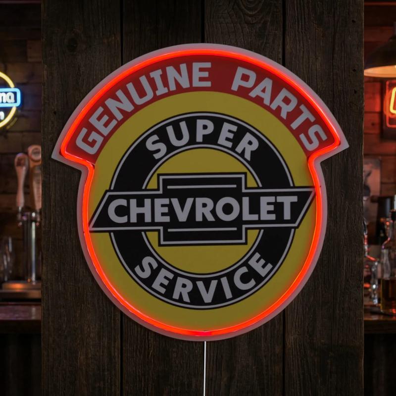 Chevrolet Genuine Parts Super Service LED Plaque Sign – Vintage Garage Neon Style Wall Decor, Red-Orange LED Accent, 16"