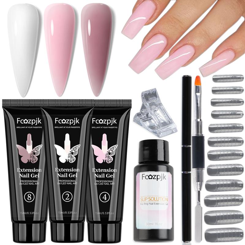 Fcozpjk Poly Nail Gel Kit White Mauve Nude Pink Builder Nail Gel Kit With Slip Solution Dual Nail forms Nail Clips for Poly Gel Nail Starter Kit Extension Manicure Set Acrylic Brush nails kit set