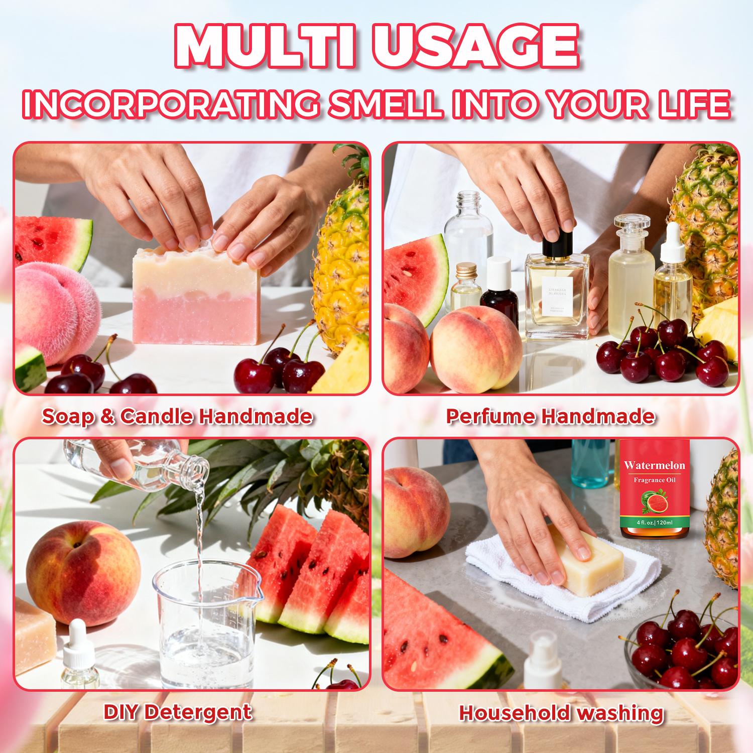 Natural Fruit Essential Oil -Pineapple, Peach, Watermelon & Cherry Sweet Fruity Scents- 120ML Big Bottle Aroma Oils For Humidifiers, Diffusers, Candles, Flavored Air - Massage Body Oil