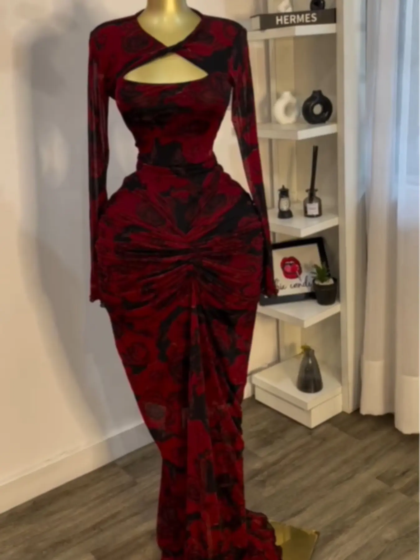 PULKRITU Women's Long-Sleeve All-Over Print Cut-Out Bodycon Knitting Dress, Elegant Evening Gown, Formal Cocktail Party Dress, Evening Party Dresses for Autumn