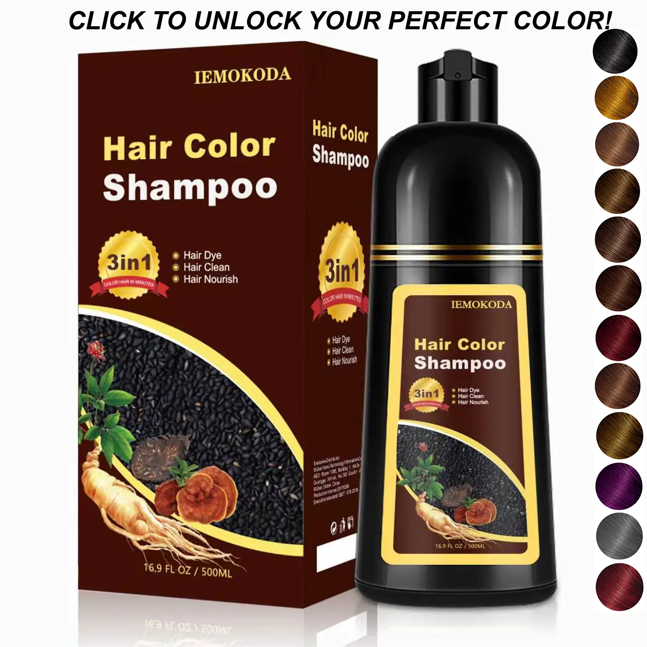 500ML Black Permanent Hair Color Shampo0,（12 VIBRANT SHADES TO MATCH YOUR ） 3 IN 1 Organic Herbal Fast Coloring CoverGray Hair Quickly Shampoo for Men and Women to Cover Grey/White Hair (BLACK) Gift for Dad / Father's Day Gi