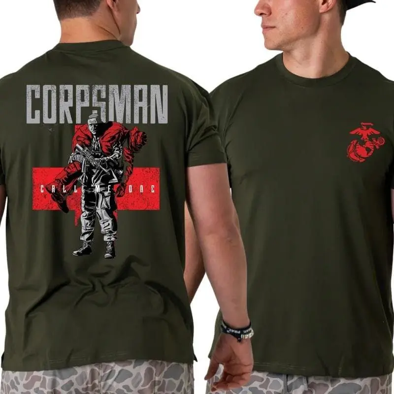 Combat Medic Carry Graphic T-Shirt for U.S. Navy Corpsman, Eagle Globe Anchor and Call Me Doc Elements, Military Support Tee, Trending Patriotic Design for All