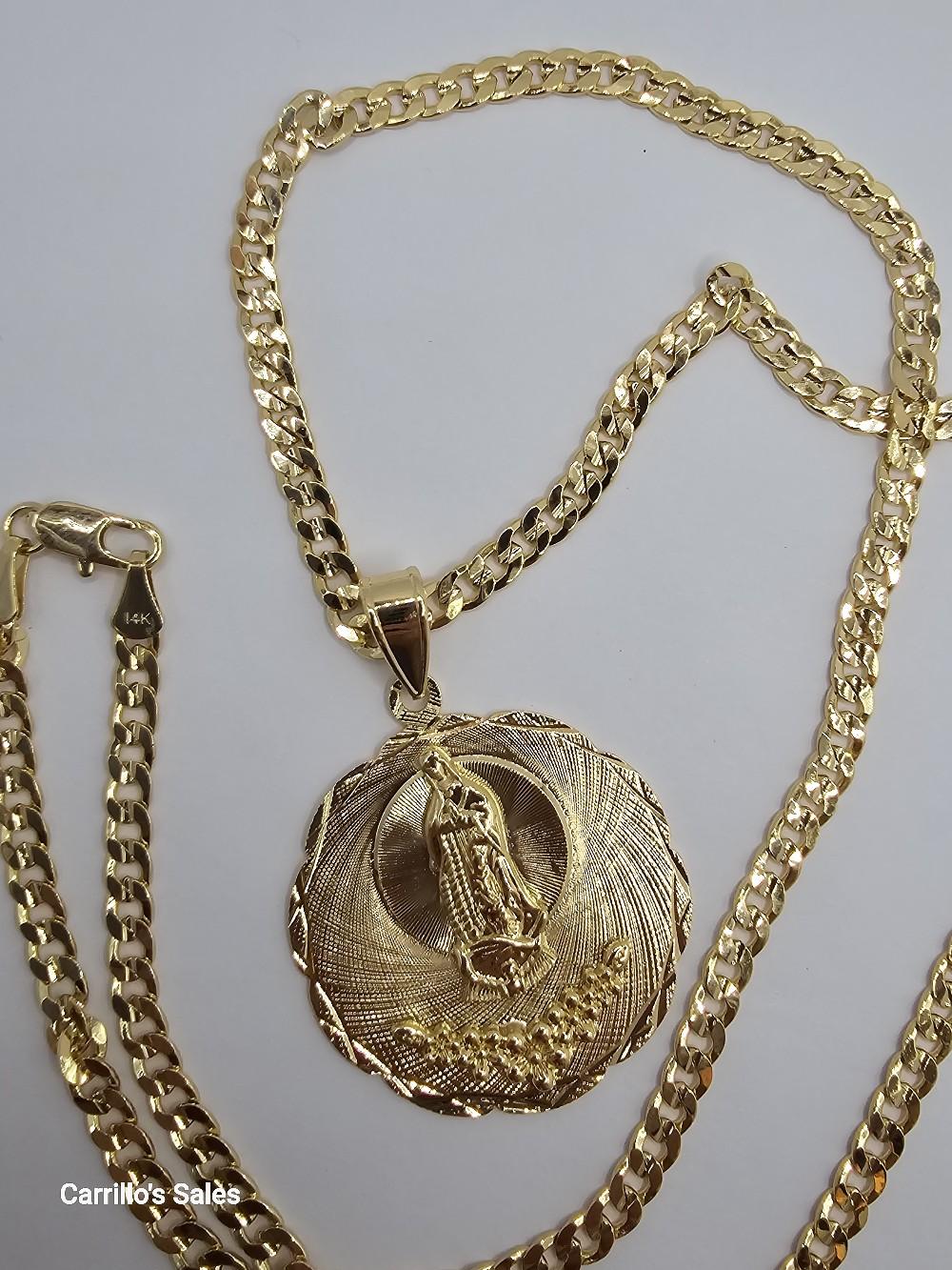 VIRGIN MARY with flowers  Cuban necklace style gold-plated beautiful design no fade no tarnish just don't take long showers with them gold over stainless