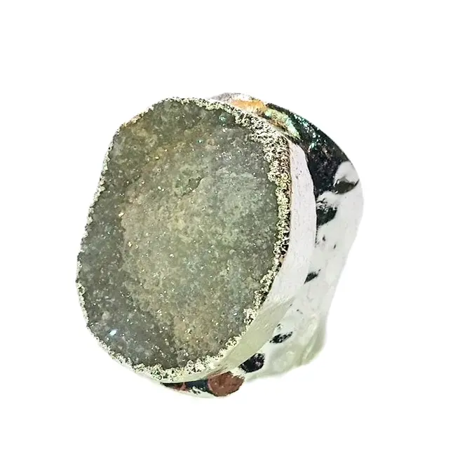 Women's Sugar Drusy Agate Cocktail Ring - 68 Carats, Adjustable, Wide Hammered Band