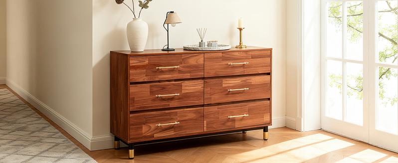 BERRY NEST Walnut Dresser for Bedroom, 6 Drawer Brown Wood Dresser with Modern Storage Organizer, Wide Chest of Drawers for Closet, Clothes, Living Room