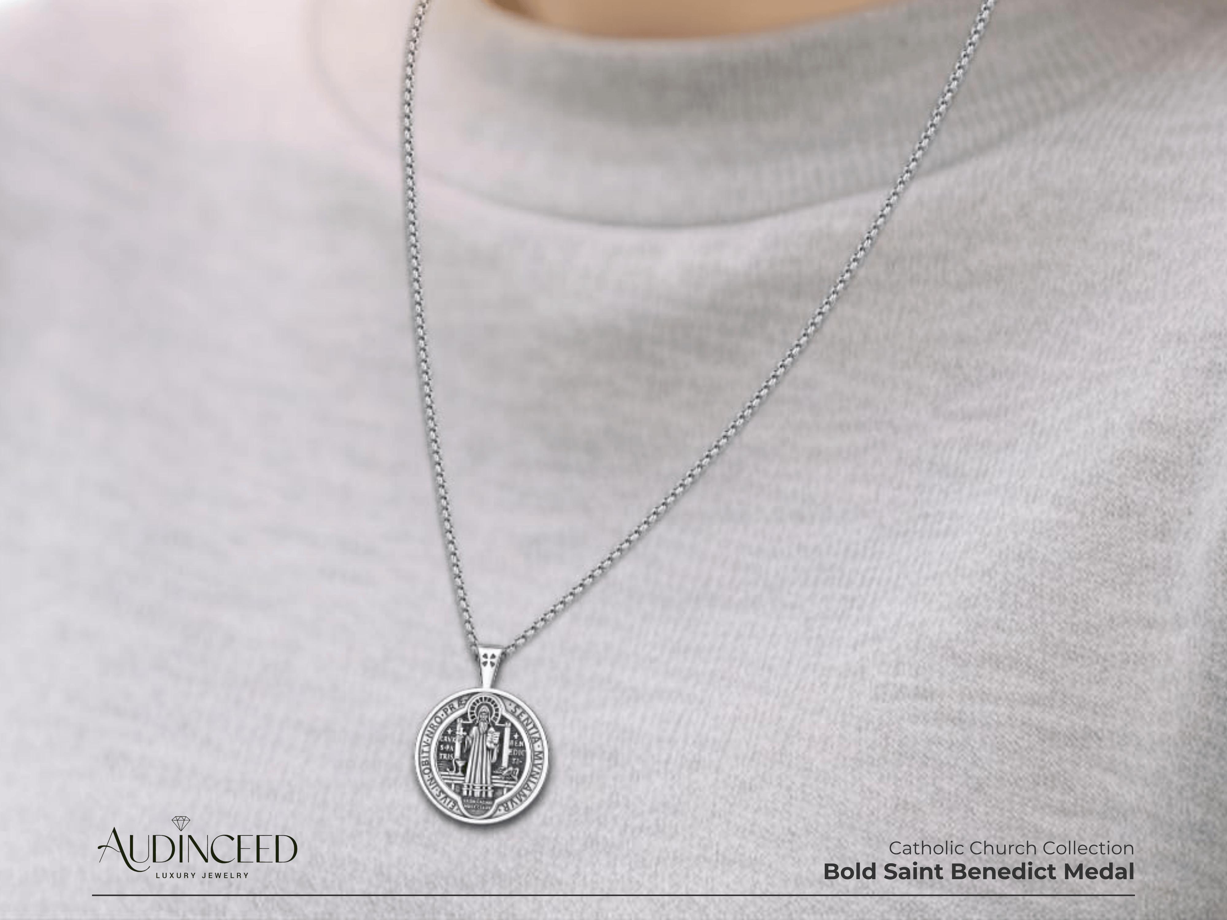 Audinceed St Saint Benedict Medals Necklace, Solid S925 Sterling Silver Medalla de san benito Catholic Church Protection Silver Necklace Pendant Religious Blessed Amulet Jewelry Gift for Faith Safety Fathersdaygift