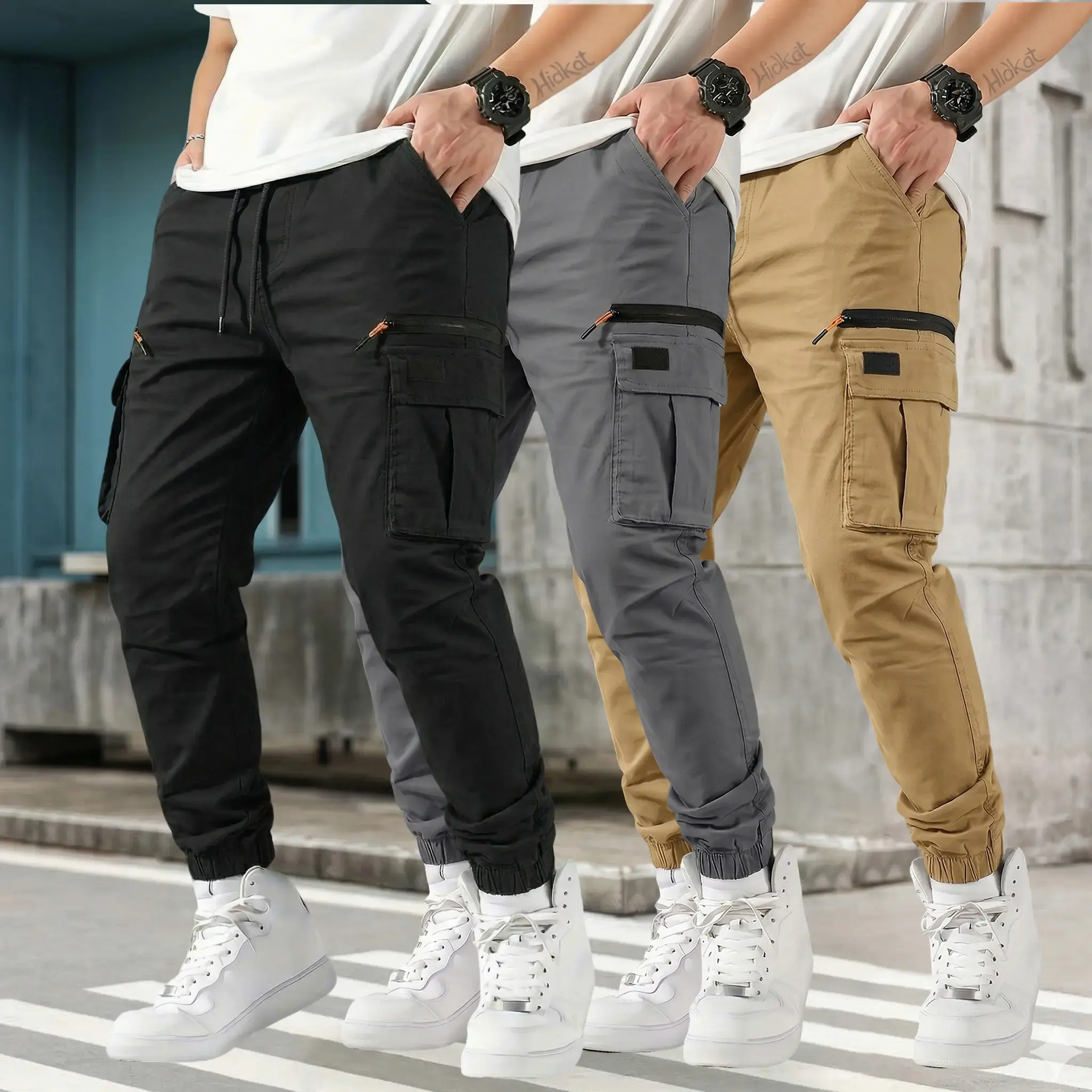Men’s 3-Pack Solid-Color Jogger Cargo Pants - Side Zippers, Multiple Pockets, Long Length for City Commuting, Outdoor Adventures, Streetwear Clothing, Polyester Clothing, Mens Clothing