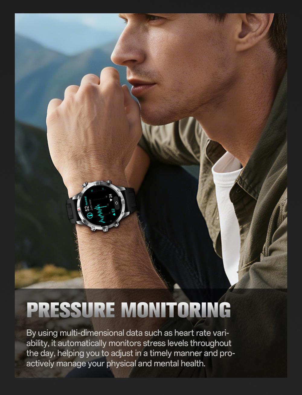 Aolon GT6 Pro Spring rugged outdoor smartwatch with 1.51" AMOLED display, LED flashlight & precision compass. Bluetooth calling, heart rate & fitness tracking, 5-button control, 500mAh battery up to 60 days, 1ATM & IP68 water-resistant.