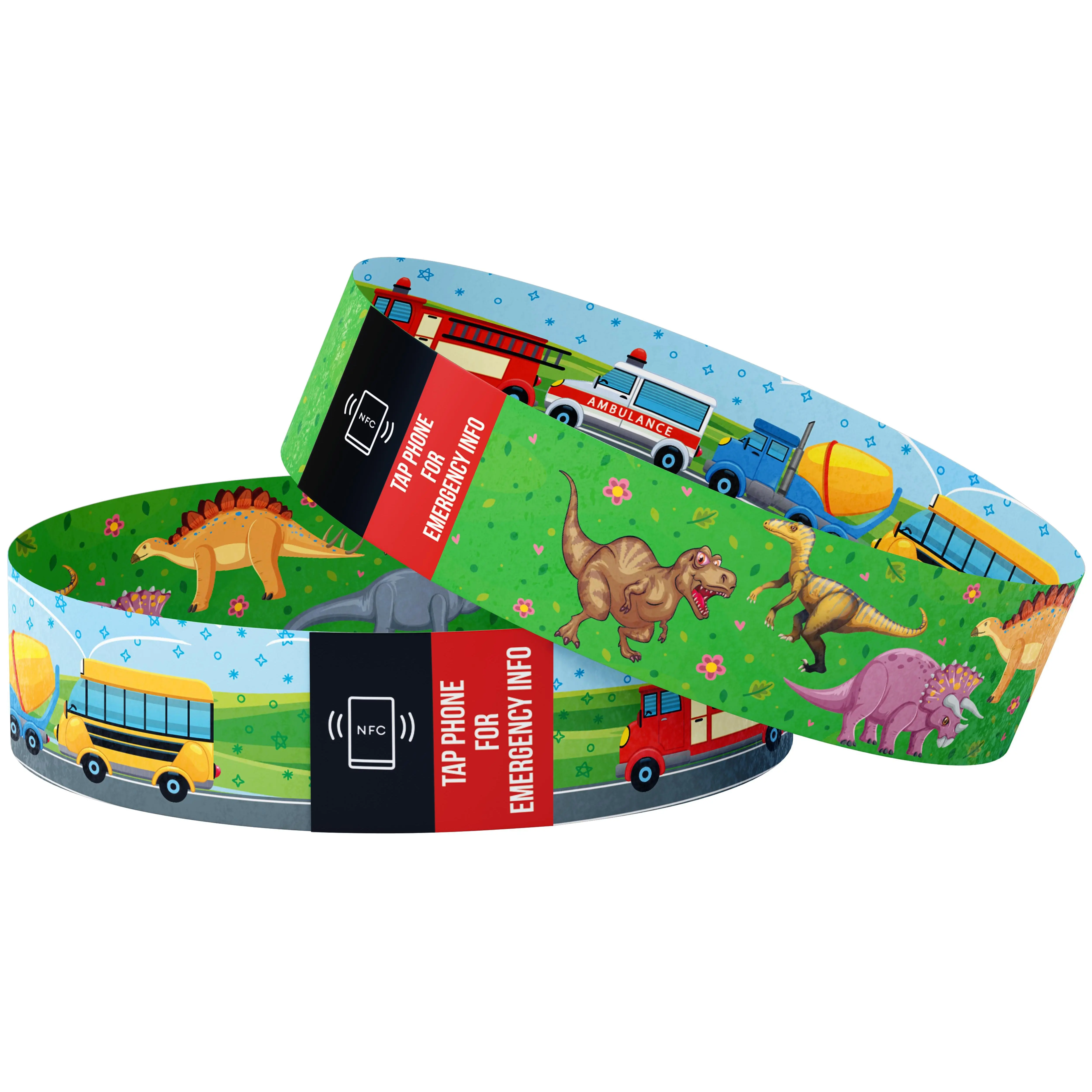 Children Smart ID Wristband providing instant access to emergency contacts, allergies, and medical info with a quick smartphone tap, no apps needed!